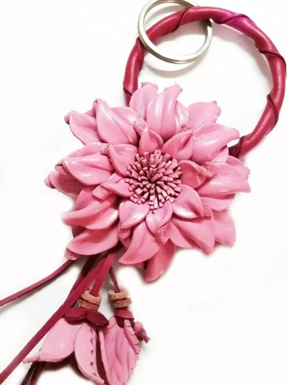 Handmade Genuine Leather Big Pink Dahlia Flower Keychain | Keyring & Wallet